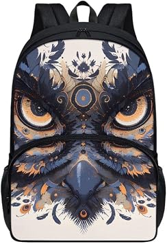 Classical Aesthetic Owl Kids Backpack, Forest Owl Bird Water Bottle Holder Bookbags Laptop Compartments, Owl Eyes Feather Satchel Elementary Durable Students Rucksack