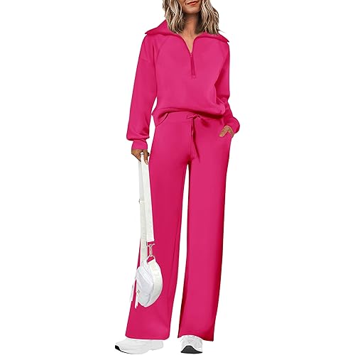 PRETTYGARDEN Women's 2 Piece Outfits Casual Lapel Half Zip Sweatshirts and Wide Leg Pants Tracksuit Sets