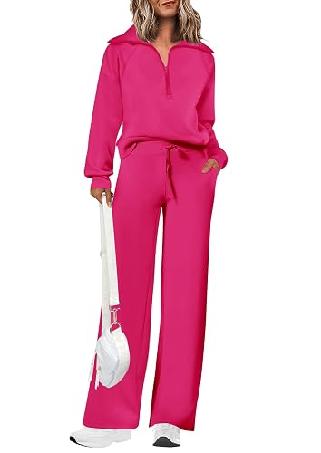 PRETTYGARDEN Women's 2 Piece Outfits Casual Lapel Half Zip Sweatshirts and Wide Leg Pants Tracksuit Sets