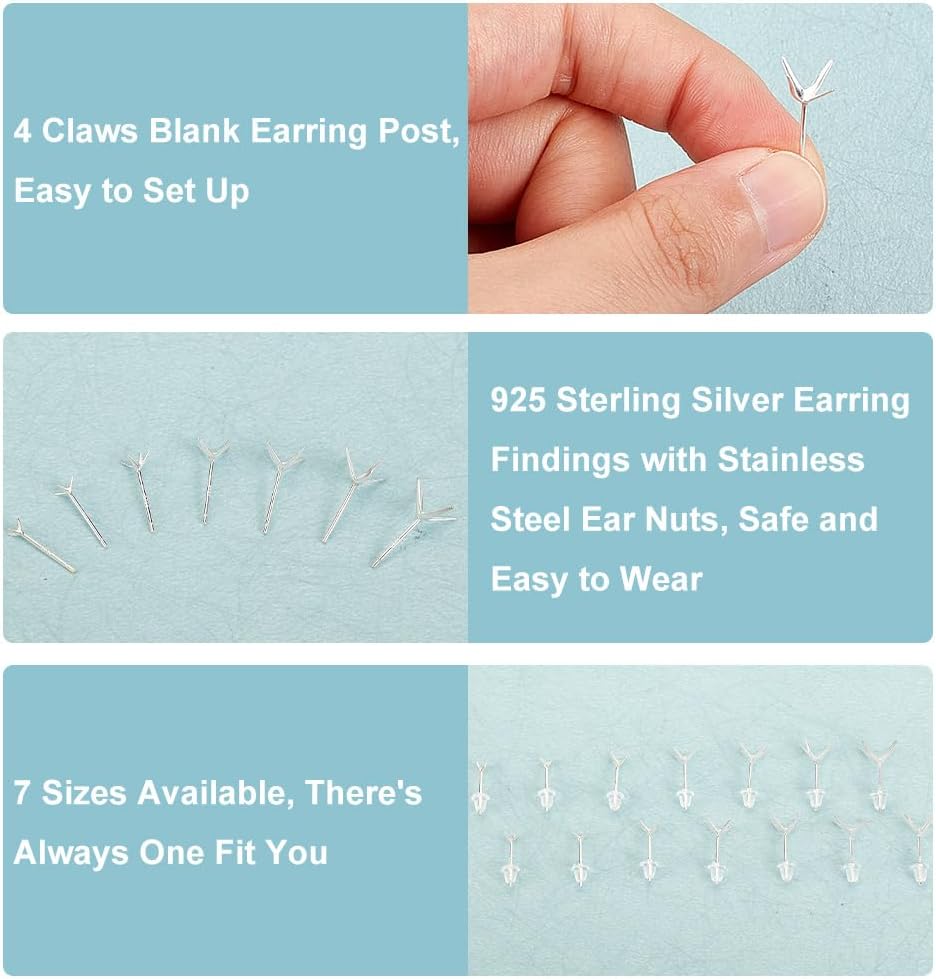 PH PandaHall 7 Pairs 925 Sterling Silver Earring Studs Blank Earring Studs 4 Claw Bezel Earrings Snap Set Handmade Earrings Wire for Women DIY Jewelry Making Supplies