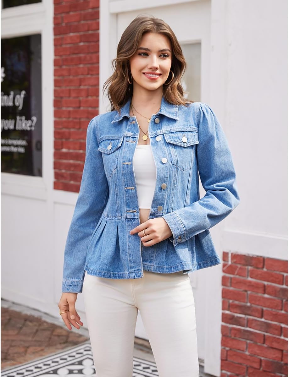 J.Corrine Womens Denim Jacket Peplum Ruffle Hem Jeans Jacket Button Down Casual Trendy Puff long Sleeve Jean Jackets
