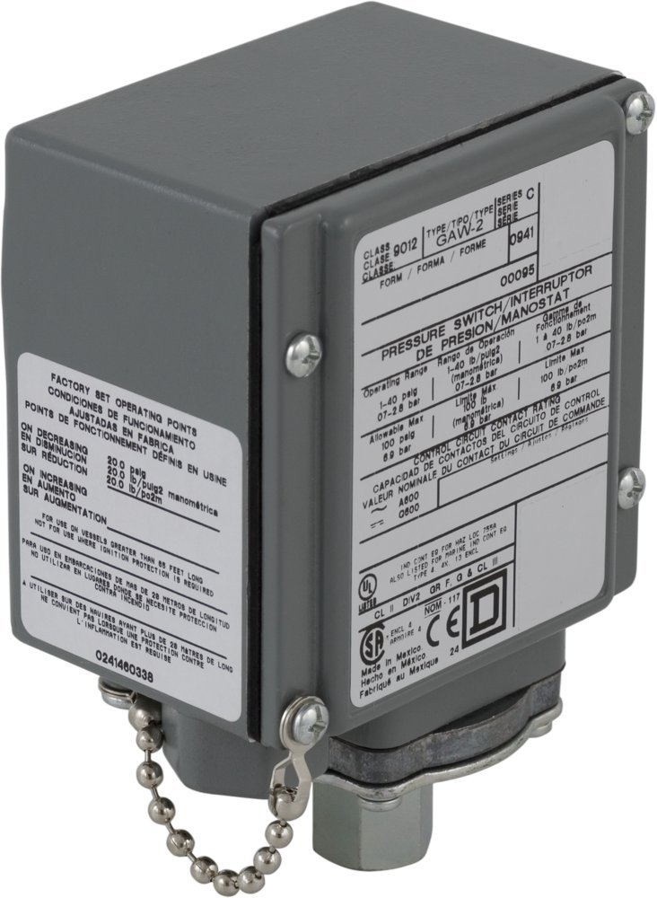 Telemecanique Sensors 9012GAW2 Single-Stage Diaphragm-Actuated Pressure Switch, 1-40 Psi Press. Range, Nema 4, 4X, And 13 Enc., 1/4"-18 Nptf Press. Connection, Spdt Contacts
