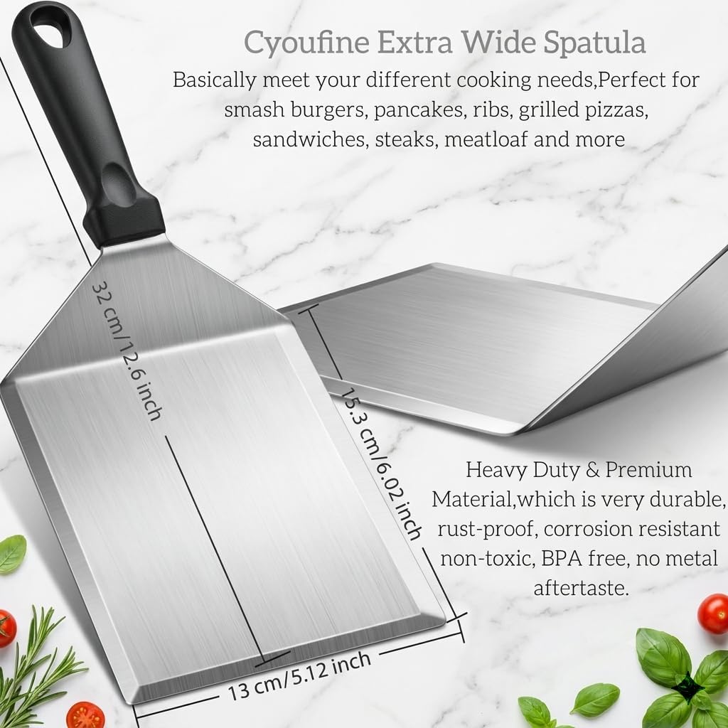 Extra Wide Hamburger Spatula Turner, Large Metal Spatula Heavy Duty Stainless Steel Spatulas Turner Flipper Beveled Edges for Skillets, Grills, Pancake Flipper, Smash Burgers, 6 x 5" Blade