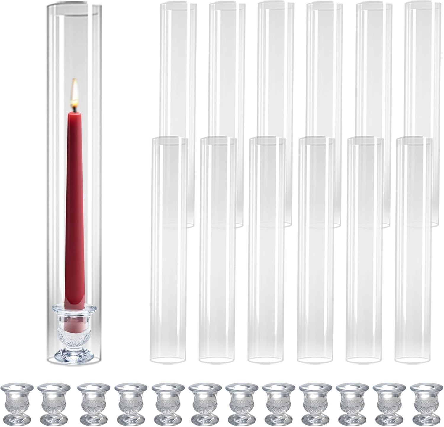 12-Pack Glass Hurricane Candle Holders - 13.78" Tall Clear Open-Ended Cylinders for Pillar Candles - Includes 2.36" Taper Candlestick Holders - Wedding, Event & Home Decor Centerpieces