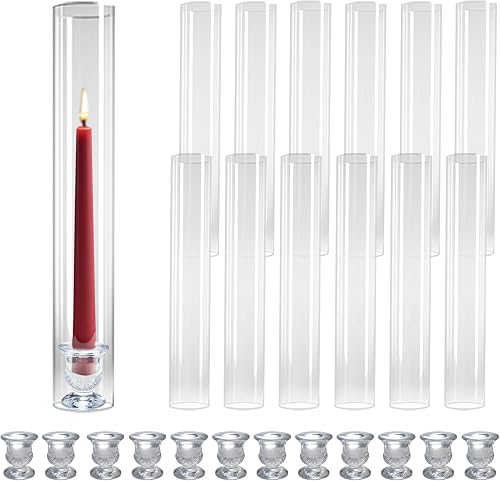 12 Pack Clear Glass Hurricane Candle Holders 14 Inch Tall | Includes Taper Candlestick Holders and Open Ended Cylinders Ideal Centerpieces for Weddings Events and Home Decor