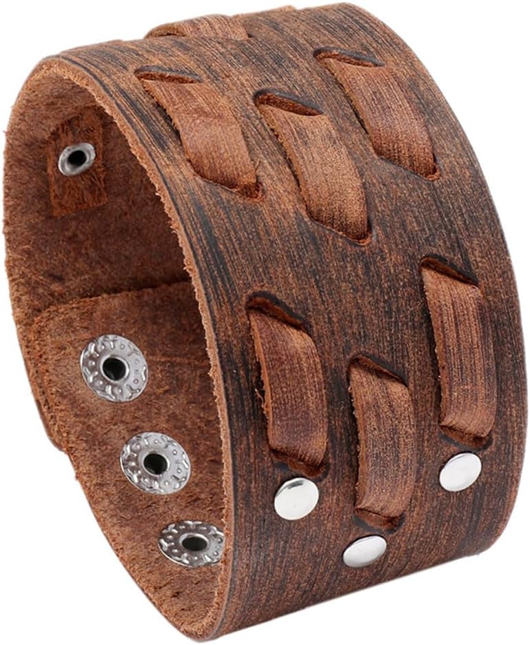 Punk Leather Bracelet for Men, Extra Wide Men's Leather Cuff Bracelet Adjustable Womens Leather Wirstbands for Rock Gothic Motorcycle Bike HipHop