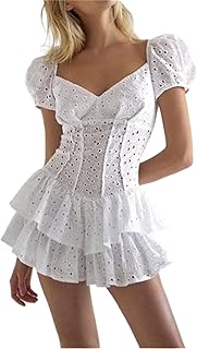 Clrisfloy Minivestido corto con cuello corazón para mujer, manga abombada, cintura alta, volantes de doble capa, una pieza