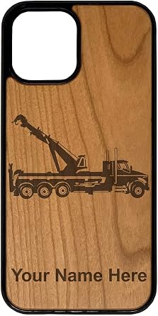 Natural Wood Case Compatible with iPhone, Tow Truck Wrecker, Personalized Engraving Included Cherry Wood