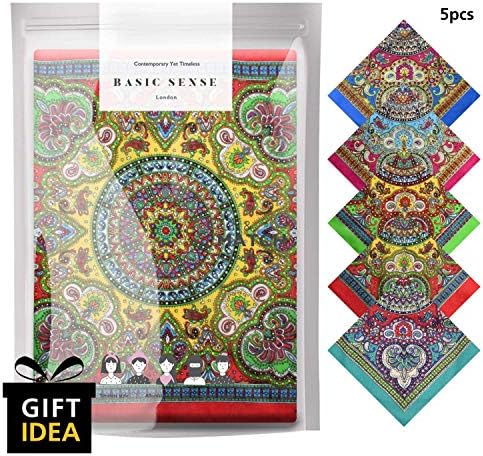 Basic Sense 5 PCS Multifunctional Vintage Paisley Bandana 100% Cotton Biker Novelty Headwear Scarf Handkerchief Cowboy