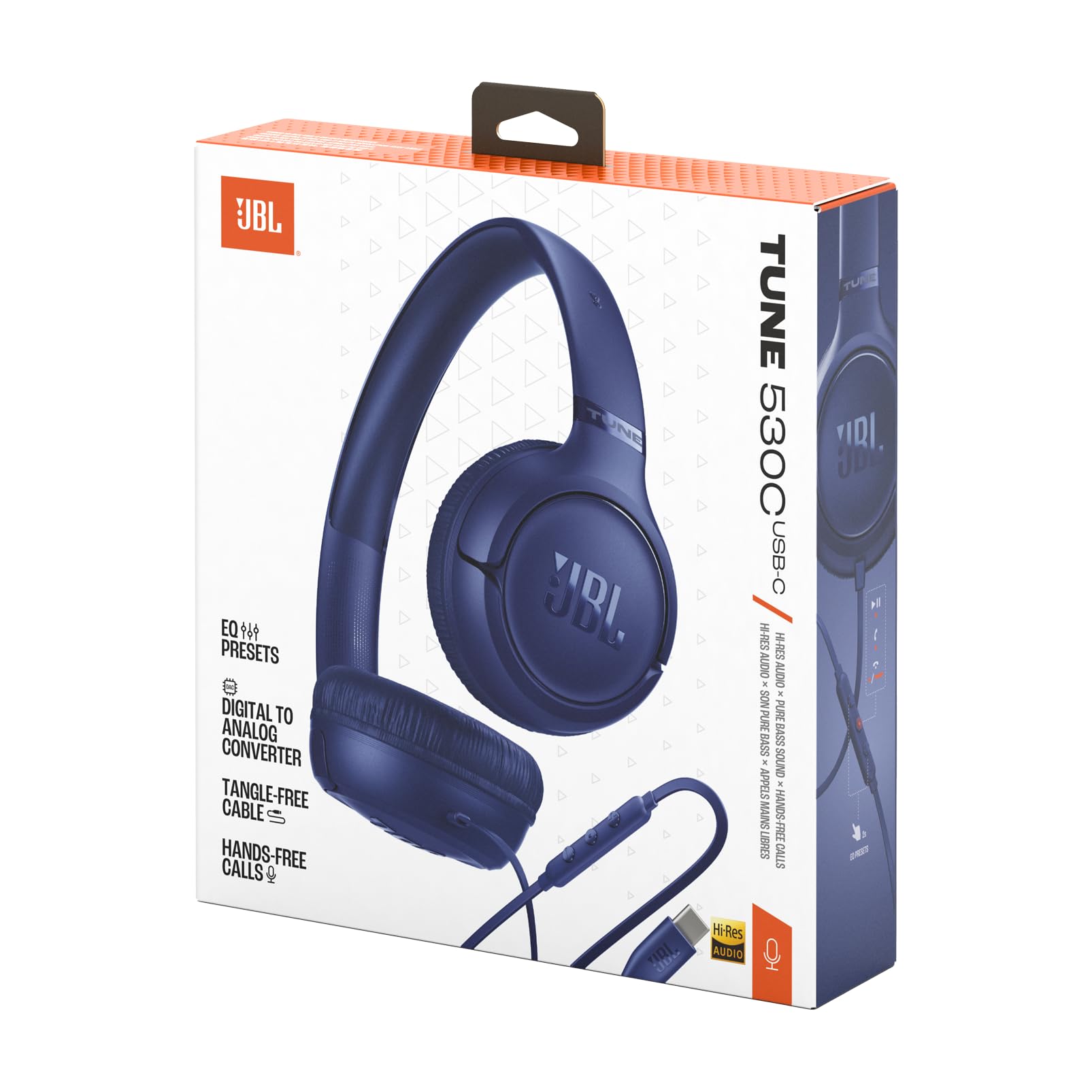 JBL Tune 530 C Auriculares con Cable, Ajuste cómodo, micrófono, Sonido JBL Pure Bass, preajustes de ecualización, conectividad USB-C, diseño Plegable y Cable sin enredos, Azul