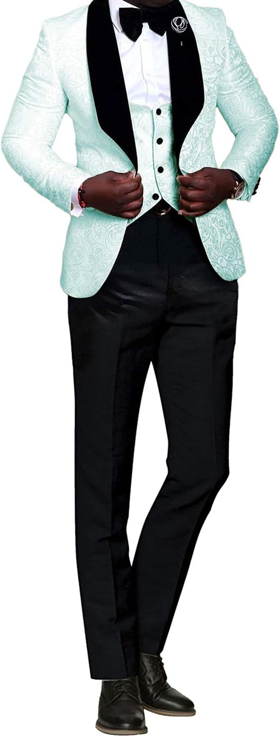 Men's Jacquard 3 Piece Suit Slim Fit Tuxedo Jacket Tux Vest & Pants