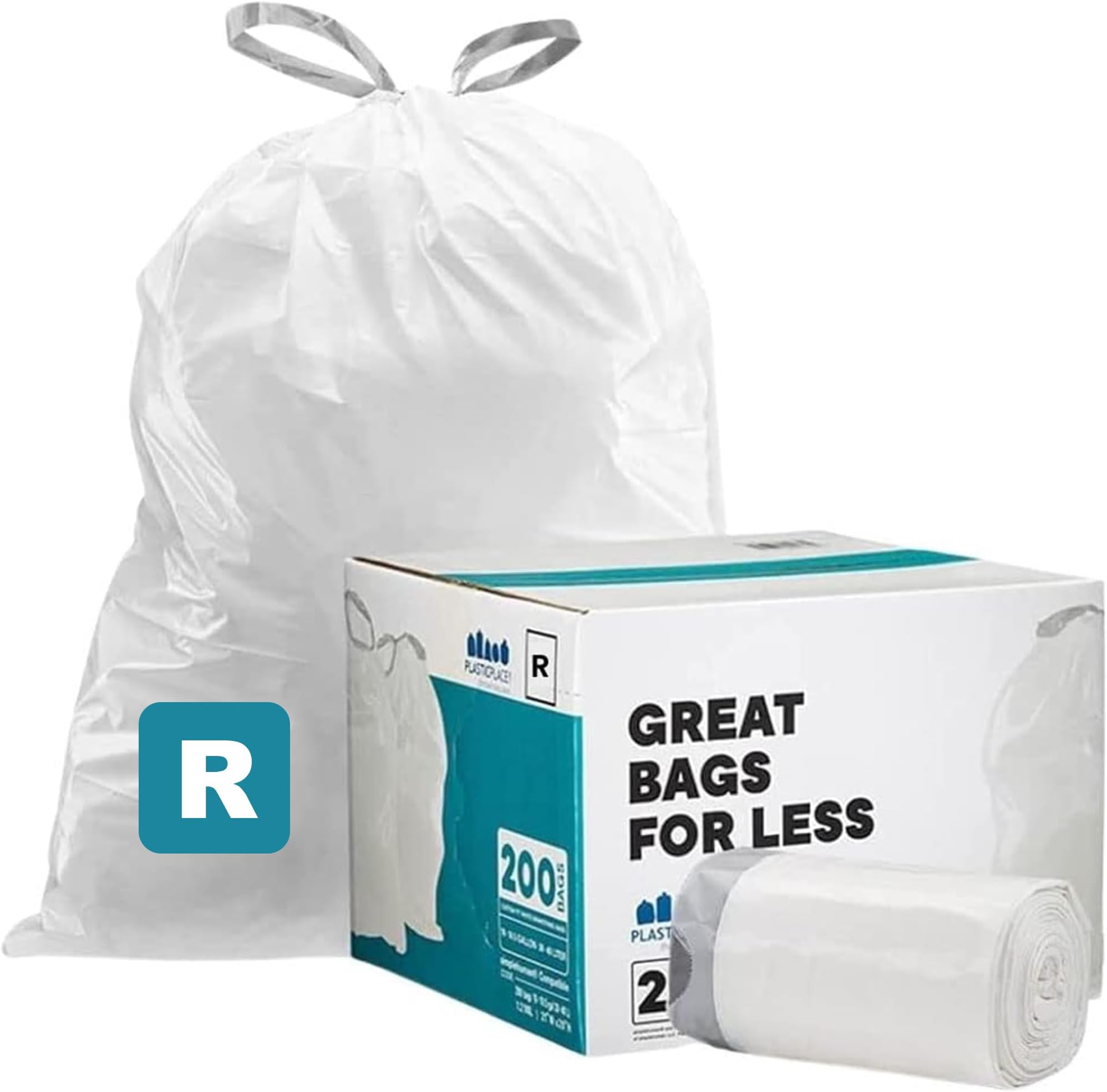 Plasticplace Custom Fit Trash Bags, Compatible with simplehuman Code R (200 Count) White Drawstring Garbage Liners 2.6 Gallon/ 10 Liter 16.5" x 18"