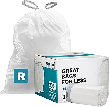 Plasticplace Custom Fit Trash Bags, Compatible with simplehuman Code R (200 Count) White Drawstring Garbage Liners 2.6 Gallon