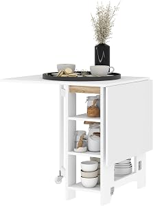 Table à manger pliante HOMCOM, table à rabat pour petits espaces, table pliante avec étagères de rangement pour cuisine, salle à manger, blanche