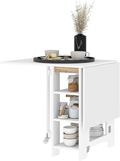 HOMCOM Folding Dining Table, Drop Leaf Table for Small Spaces, Foldable Table with Storage Shelves for Kitchen, Dining Room, White