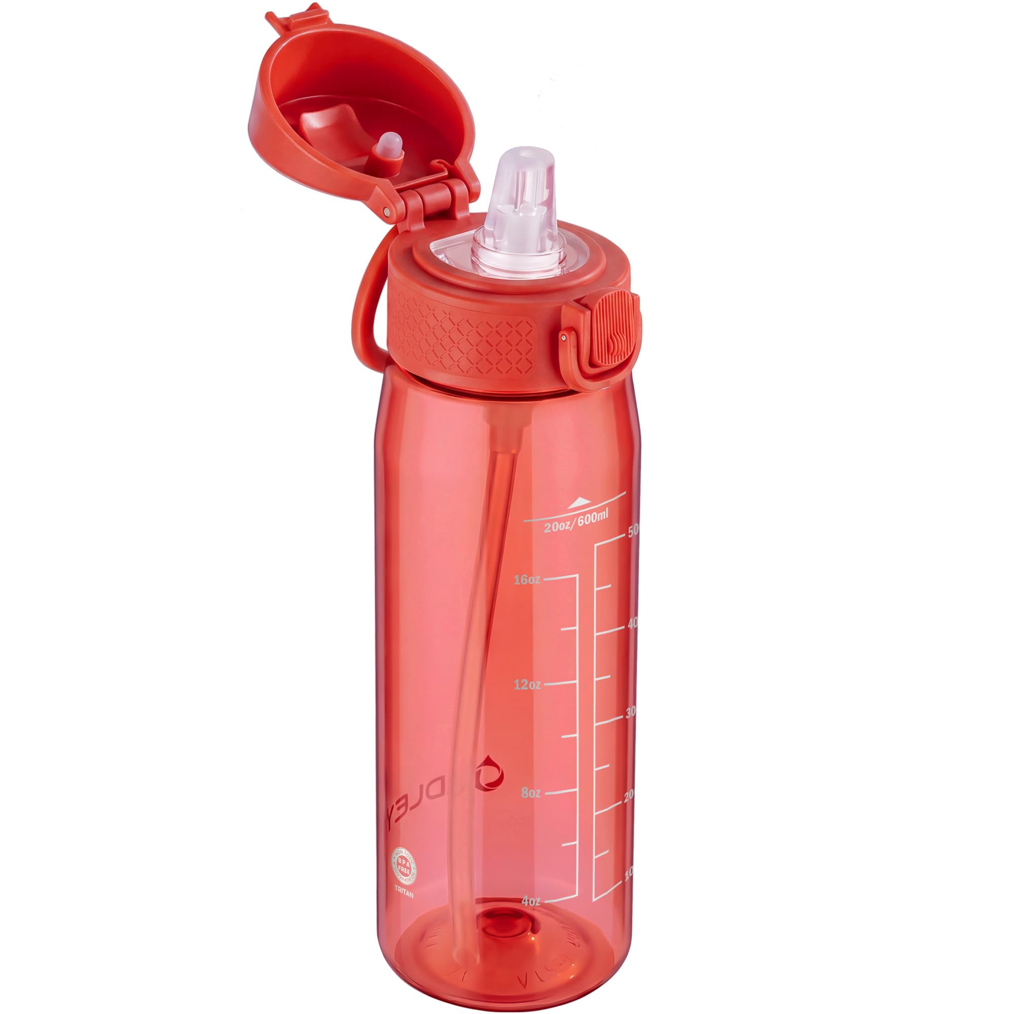 Oldley Red 600Ml/20Oz Water Bottles With Straw Leakproof Tritan Water Bottle With Handle Bpa Free Time Marker Sports Drinking Bottle For School, Travel, Sports (Red)
