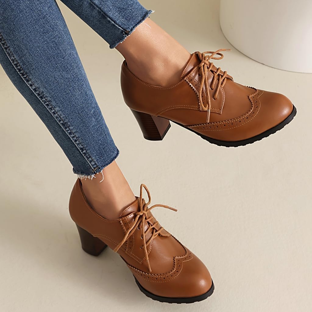 Women's Lace Up Wingtip Oxford Pumps Brogues Perforated Chunky Block High Heel Vintage Dressy Shoes