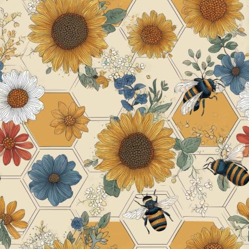 Alzkkll Vintage Sunflower Bee Honeycomb Wall Paper Peel and Stick Removable 17.7" x 118.11" Waterproof Rustic Farmhouse Wallpaper Self Adhesive Watercolor for Classroom Bedroom Laundry Room Bathroom