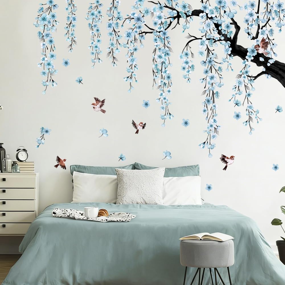 Large Flower Tree Branch Wall Decals Blue Hanging Vine Floral Wall Stickers Peel and Stick Wall Art Decals for Living Room Bedroom TV Background Girl Room Decor