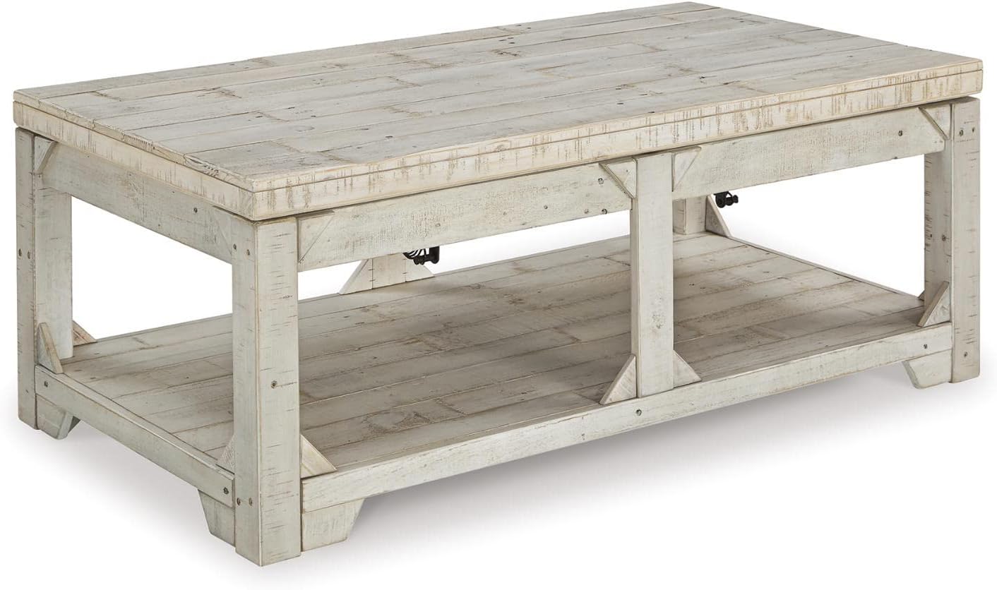 Signature Design by Ashley Fregine Farmhouse Rectangular Lift Top Coffee Table with Floor Shelf, Whitewash with Weathered Finish