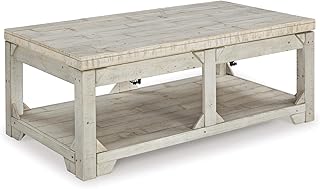 Signature Design by Ashley Fregine Farmhouse Rectangular Lift Top Coffee Table with Floor Shelf, Whitewash with Weathered Finish