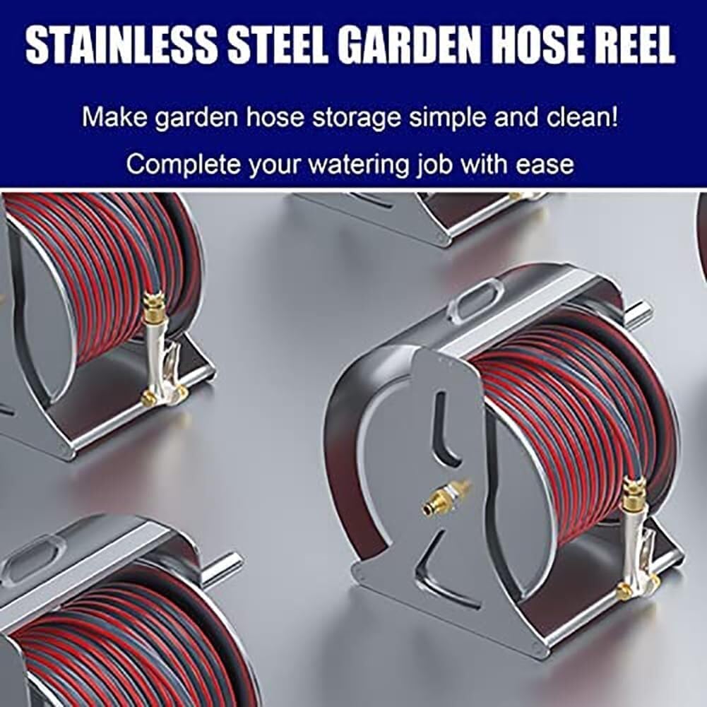 Stainless Steel Garden Hose Reel Kit With Hose & Nozzle, Wall Mounted Or Standing, Hand Crank Hose Holder(10 Meters)