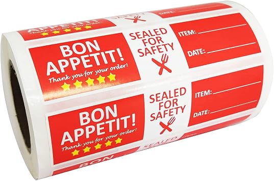 Top label Bon Appetit Food Delivery Sticker,Tamper Evident Labels,Food Safety Stickers for Freshness,4x1 Inch,500 Pcs