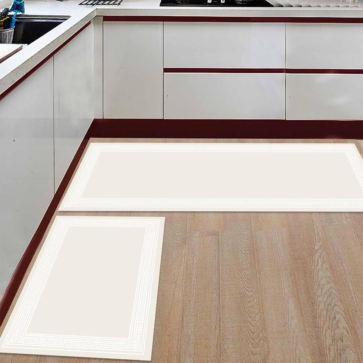 Kitchen Rugs and Mats 2 Pieces Cream Key Design Runner Rug Sets Geometric Back Print Soft Comfort Standing Kitchen Mats for Floor Absorbent Area Rugs Carpet Non Slip Cushioned Doormat