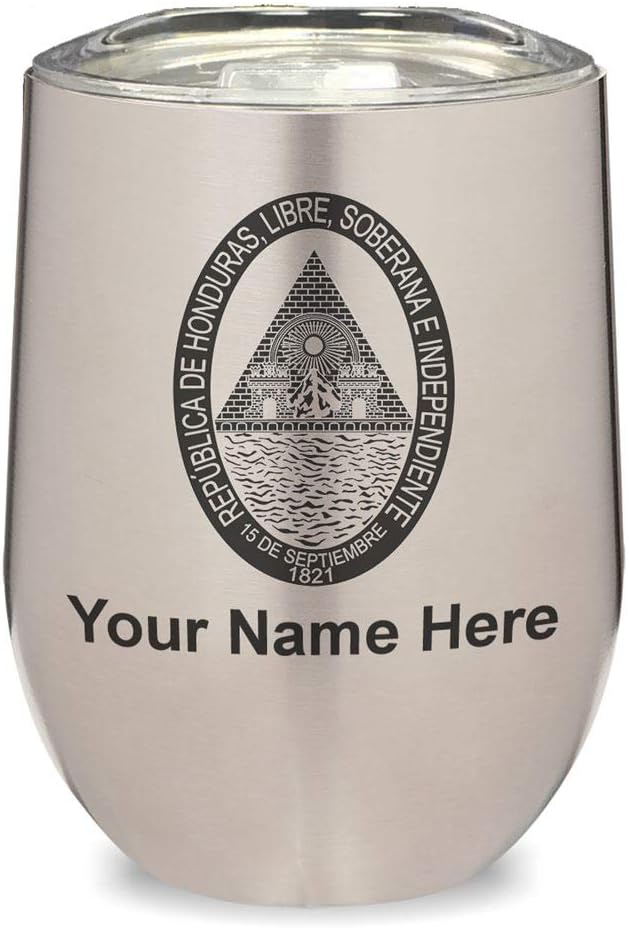 LaserGram 16oz Double Wall Stainless Steel Wine Glass Tumbler, Flag of Honduras, Personalized Engraving Included (Black)