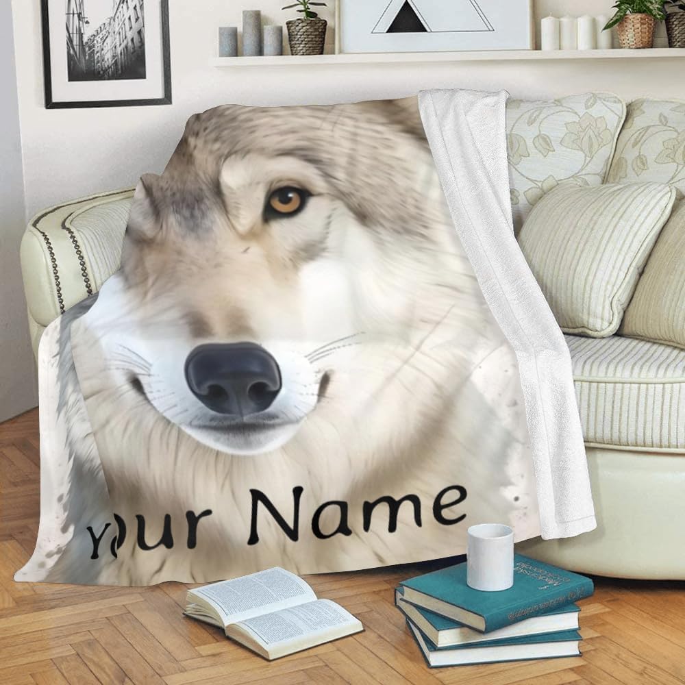 Custom Blanket with Name Text,Personalized Cool Wolf Super Soft Fleece Throw Blanket for Couch Sofa Bed (50 X 60 inches)