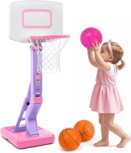 Miniatura 8 de Aro de baloncesto para niños pequeños para interiores y exteriores, mini portería de baloncesto junto a la piscina con 4 bolas de altura ajustable,
