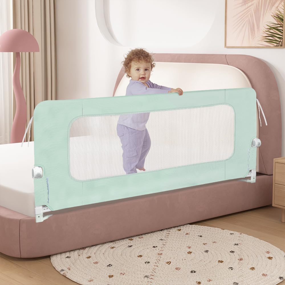 OHMG Bettgeländer,Sicherheitsgitter für Kinder,Sicherheitsgitter für Bett,höhenverstellbar,tragbar,Bettgitter, vertikales Heben,Sicherheitsgitter gegen (Hellgrün-180 * 73-86cm)