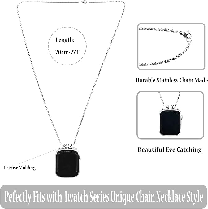 Adapter Pendant Necklace Compatible with Apple Watch - Silver Necklace Lanyard Chain Connector for iWatch Series 8/7/6/5/4/3/2/1/SE for Women Men