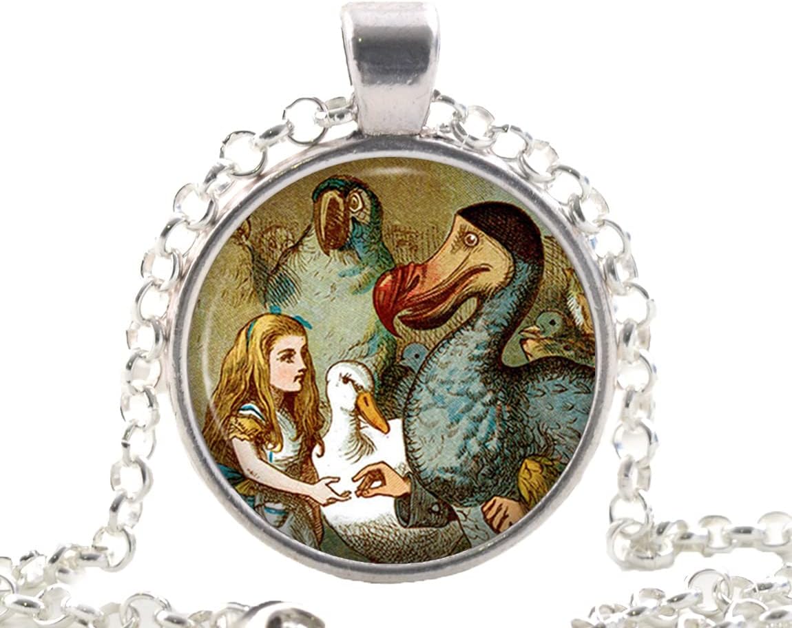 Alice in Wonderland Necklace with Dodo Bird - Vintage Silver Jewelry for Girls