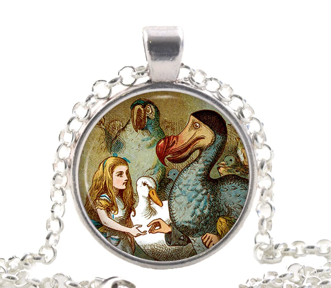 Alice in Wonderland Necklace with Dodo Bird - Vintage Silver Jewelry for Girls