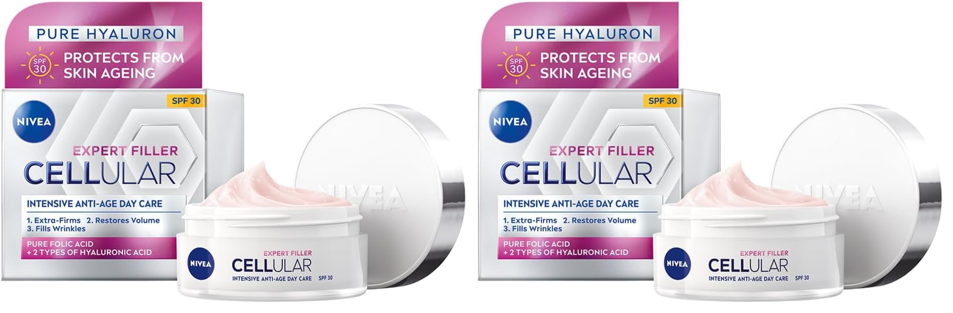 NIVEA Cellular Expert Filler Yoğun Yaşlanma Karşıtı Gündüz Bakım Yüz Kremi 50 ml, Hyaluronik Asit ve Folik Asit, SPF30 Güneş Koruması (2 paketi)