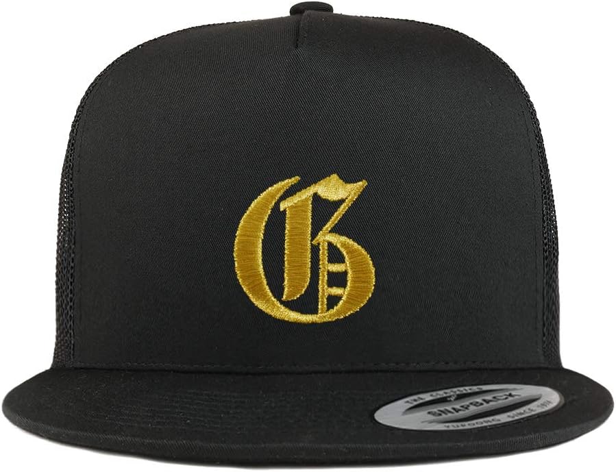 Trendy Apparel Shop Old English Gold G Embroidered 5 Panel Flatbill Trucker Mesh Cap