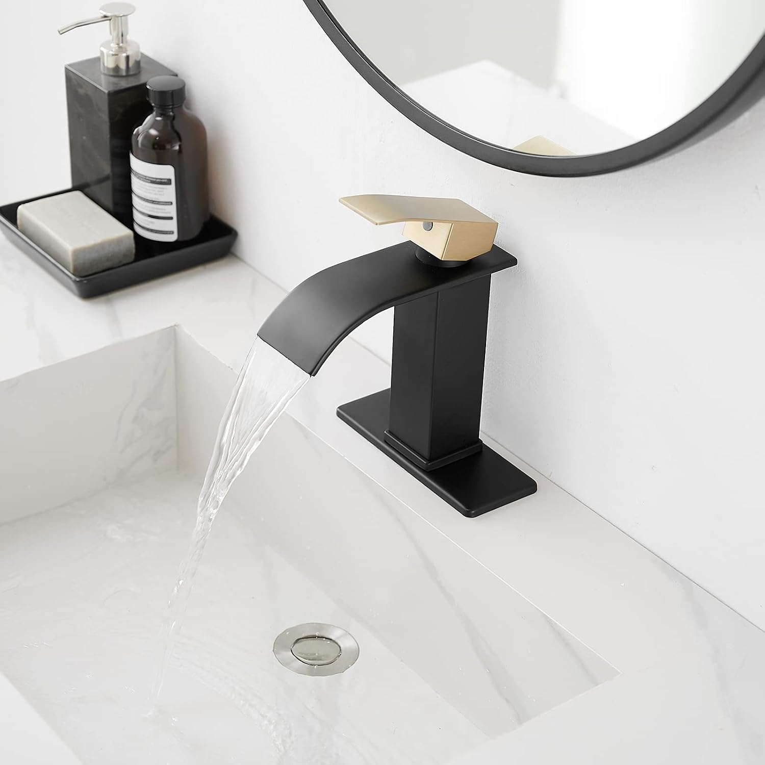 Homevacious Waterfall Bathroom Faucet Black and Gold Single Handle for 1 or 3 Hole Bathroom Sink Faucet Washbasin Faucets with Deck Pop-up Drain and 2 Supply Hoses for Lavatory Vanity - Black and Gold