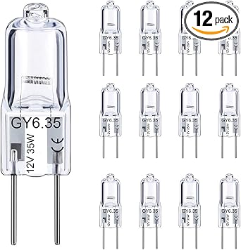 TAIYALOO GY6.35 Halogen Light Bulbs 12 Volt 35 Watt, 12 Pack 2 Pin GY6.35 Base Bulb, Replacement T4 Tubular JCD Type Bulb for Ceiling Lights, Table Lamp, Chandelier, 2700K Warm White, Dimmable