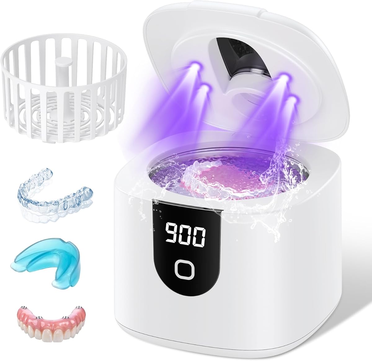 Ultrasonic Retainer Cleaner Machine, Upgraded 45kHz Ultrasonic Cleaner, Denture Cleaner for Mouth Guard Braces, Night Guards, Toothbrush Heads & Jewlery with 200ML, 4 Modes and Digital Timer Dental Cleaning Pod（White）