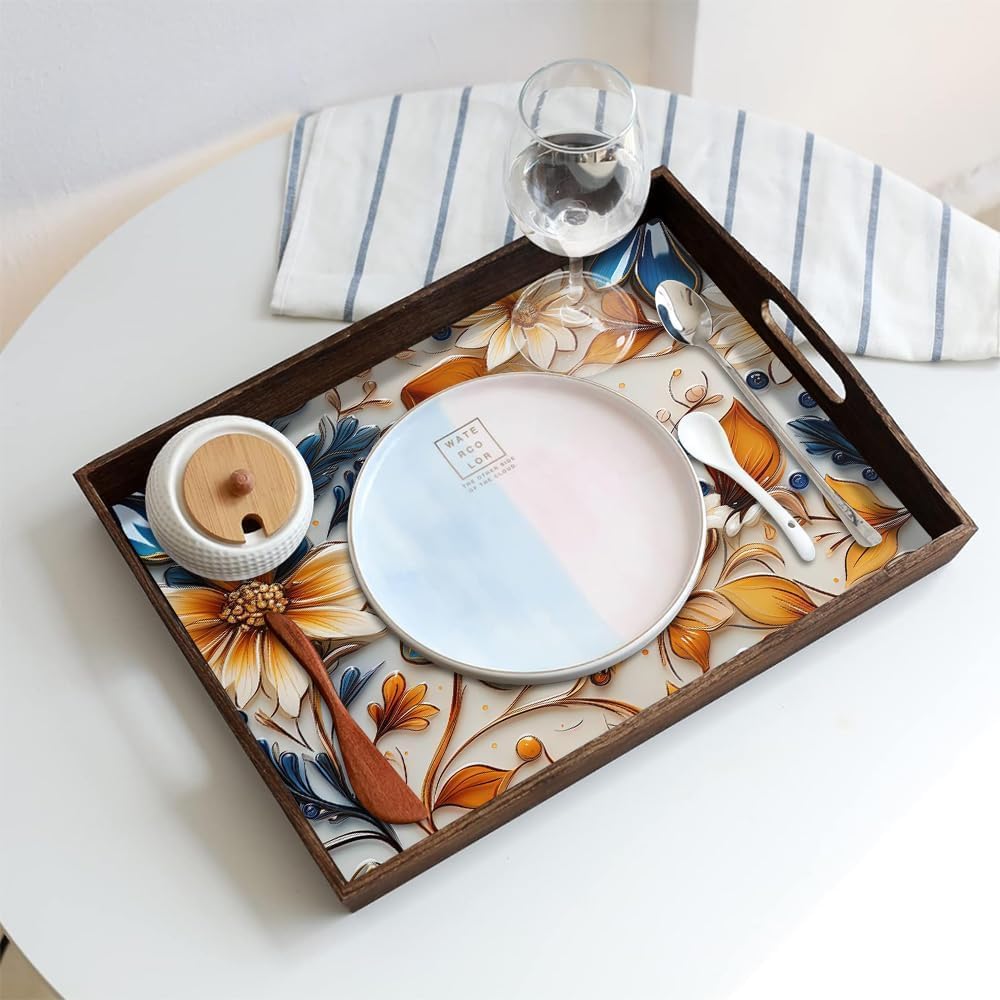 16"x12" Vintage Blue Brown Poppy Flower Leaf Plant Wood Serving Tray Decorative Faux Leather Finish Marbling Modern Vanity Serving Tray for Coffee Table Kitchen and Bathroom