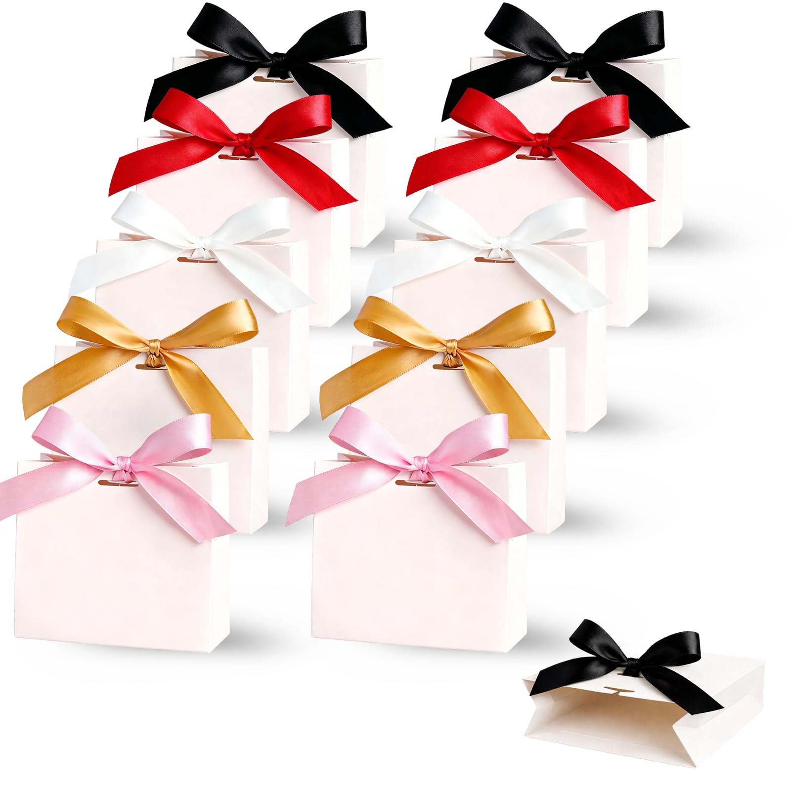 10Pcs Mini Gift Bags, Set with Colourful Ribbons, Ideal for Gift Wrapping and Party Favours, Includes White, Champagne, Black, Pink and Red Ribbons