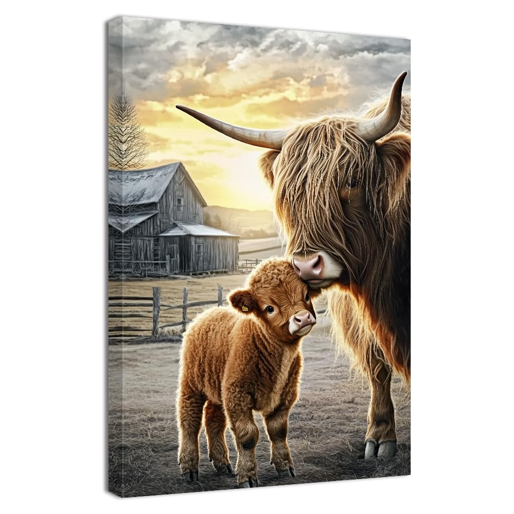 ZQQART Highland Cow Wall Art Fluffy Cattle and Calf Canvas Prints Longhorn Cattle Painting Art Farmhouse Pictures Wall Decor Frame(Grey,28.00" x 42.00")