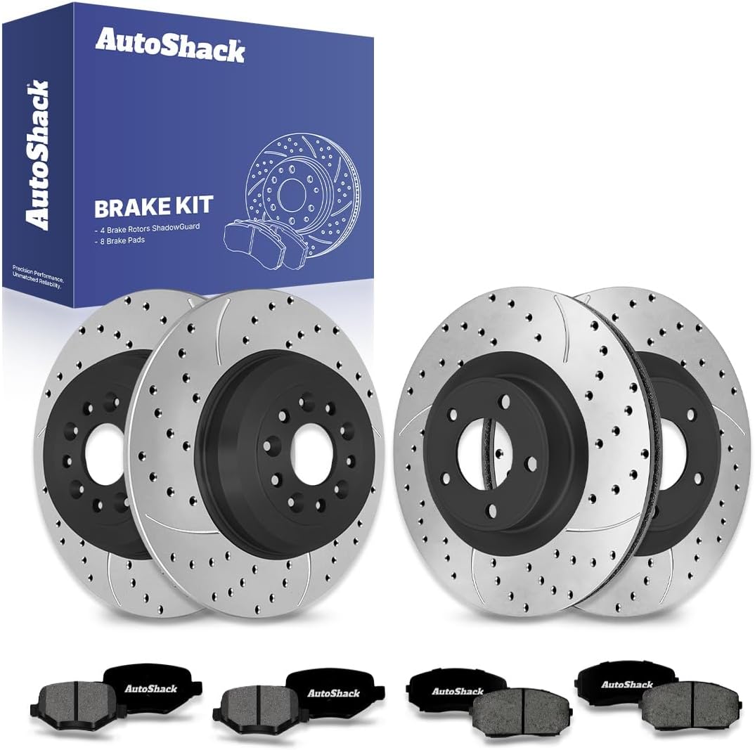 AutoShack Front Vented & Rear Solid Drilled & Slotted E-Coated Brake Rotors + Premium Ceramic Pads 12-PC Brake Kit Replacement for 2011-2014 Ford Edge 2011-2015 Lincoln MKX ShadowGuard