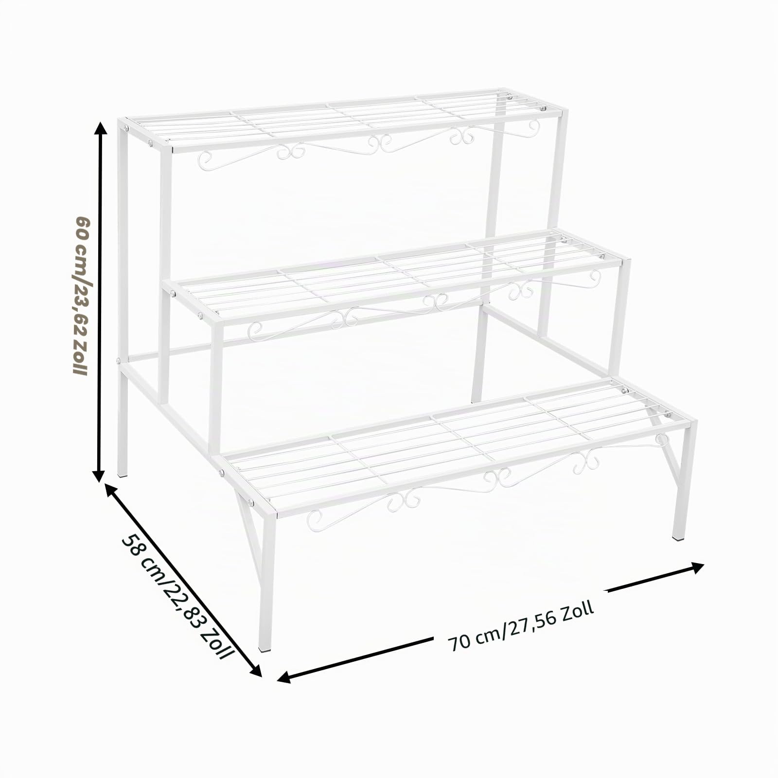 Blumentreppe 3-stufig, Pflanzenregal aus Metall, Pflanzenständer mit 3 Ebenen, Freistehender Blumenständer Pflanzentreppe für Outdoor Indoor, Balkon, Garten, 70x58x60 cm (Weiß)