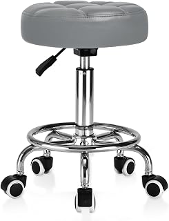 YEEZEE Rollhocker Höhenverstellbar mit 8cm-Dickem Polster für Büro, Grau | Weiches PU-Leder, 150kg Traglast & 50-64cm Verstellbar, 360°-Drehung, Hocker mit Rollen, Ideal für Salon, Tattoo, Medizin