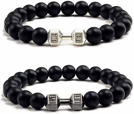 2 PCS Dumbbell Bracelet for Man Gym Bracelet 8mm Lava Natural Stone Stretch Beads Bracelet with Dumbbell Weight Bracelet for Man