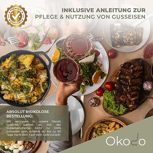 Foto von Okodo Gusseisenpfanne inkl. Untersetzer aus Birkenholz & Griffschutz - (Ø 31 cm) Gusseisen-Pfanne mit 2 Ausgüssen & 2 Griffen - kratzfest & antihaft