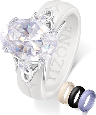 Silicone Ring with Stone Interchangeable Silicone Bands SetComfortable Everyday Workout Ring, 4 Colors Included, Cubic Zirconia Oval Ring with Celtic Knot, Patent Pending Design