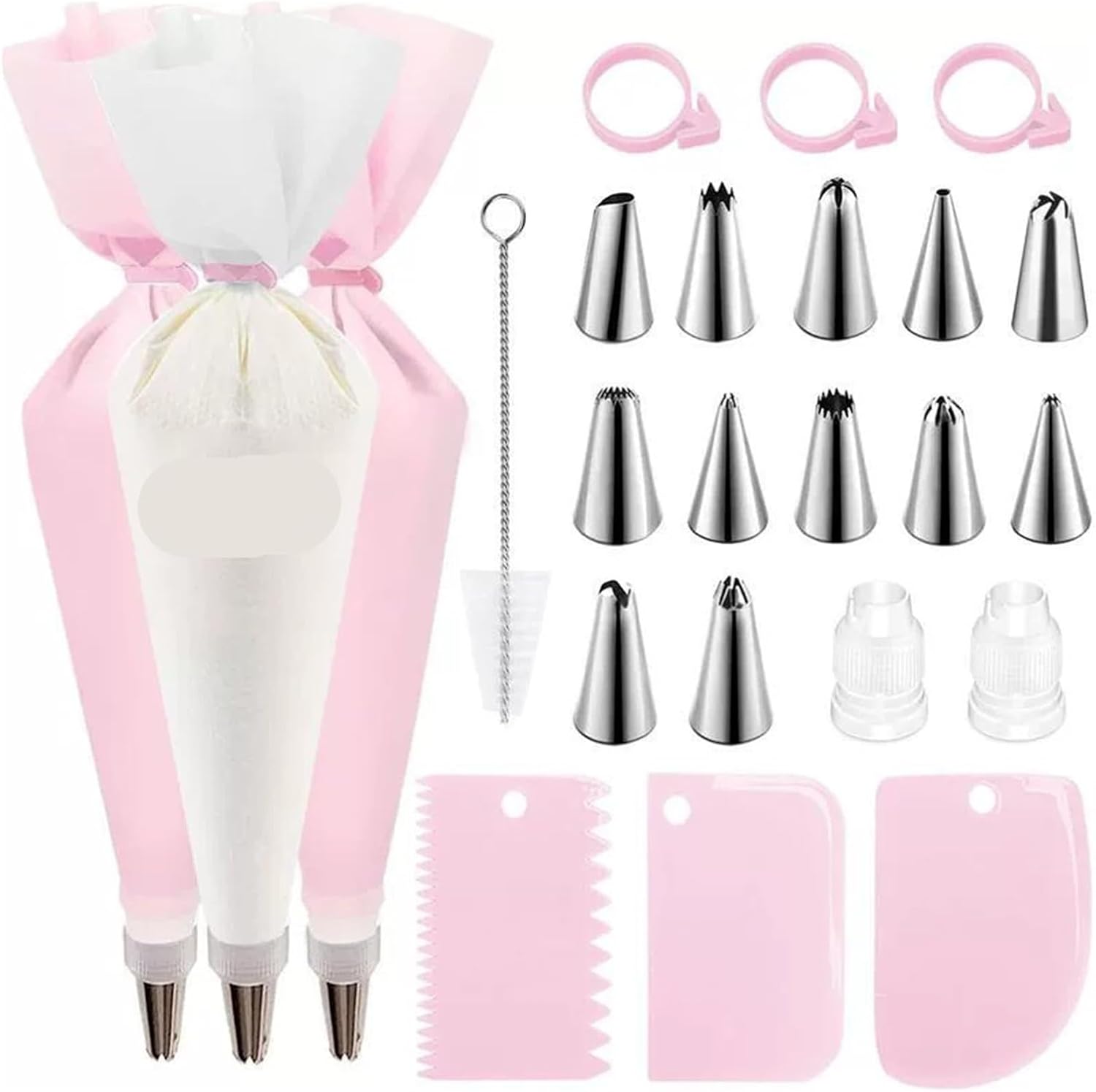 Piping Bags And Tips Set Kit With Stainless Steel Nozzle Reusable Pastry Tools(34PCs Pink)